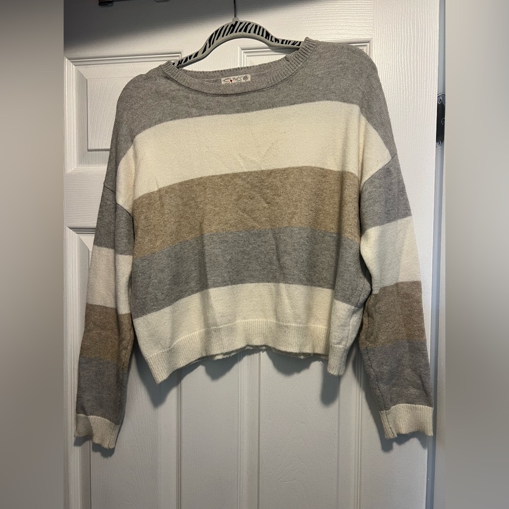 Poof Apparel Striped Gray and Cream Sweater